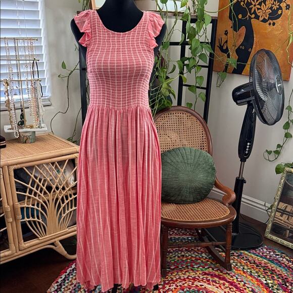 Free People Dresses & Skirts - Free People Chambray Butterflies Washed Red White Striped Button Back Midi Dress